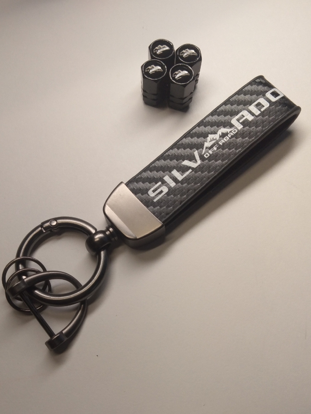 For Silverado Off Road Key Chain & 4 Black Off Road Valve Stem Caps NEW!
